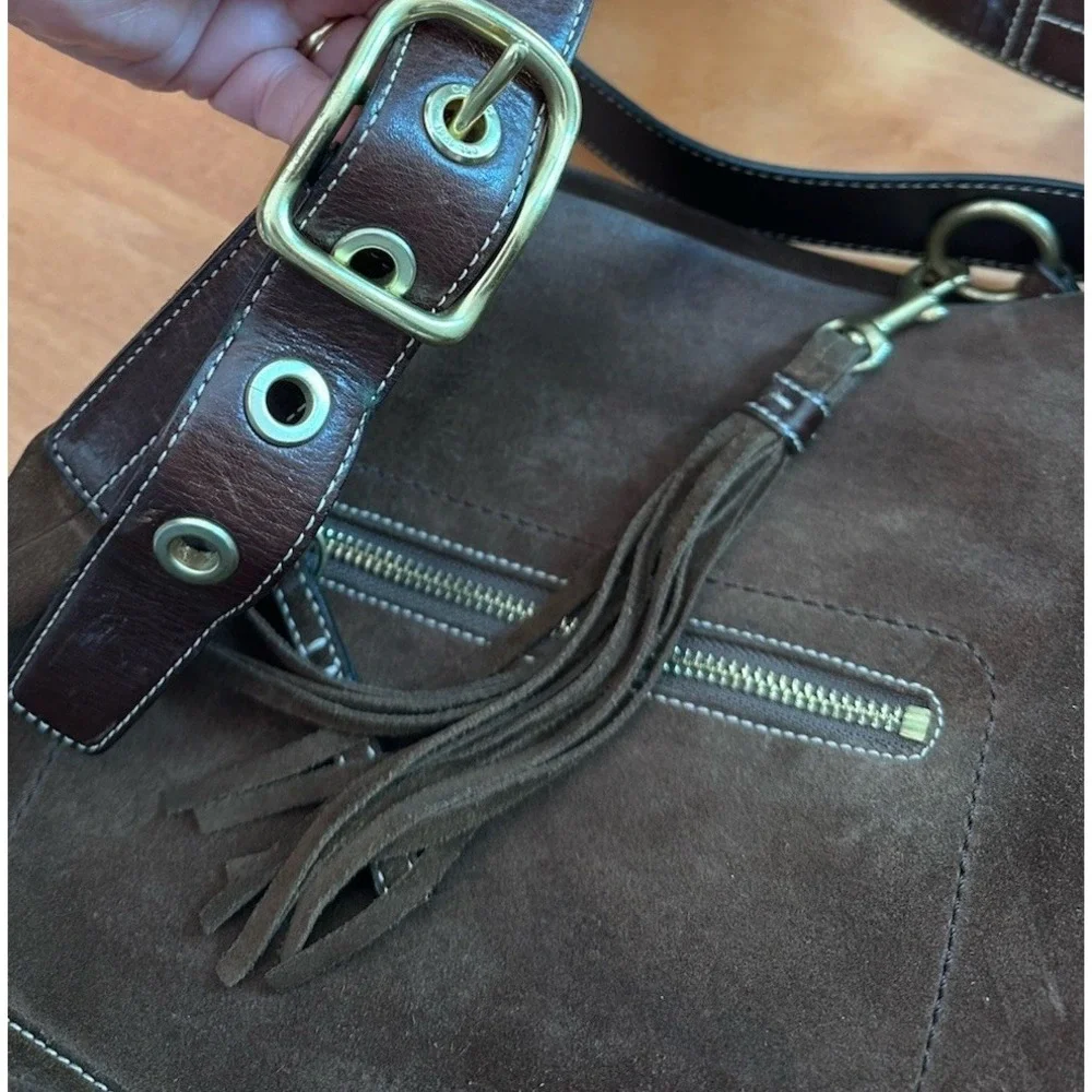 Coach 1419 Shoulder Bag Brown Suede Leather Tassel Hobo Handbag Western
